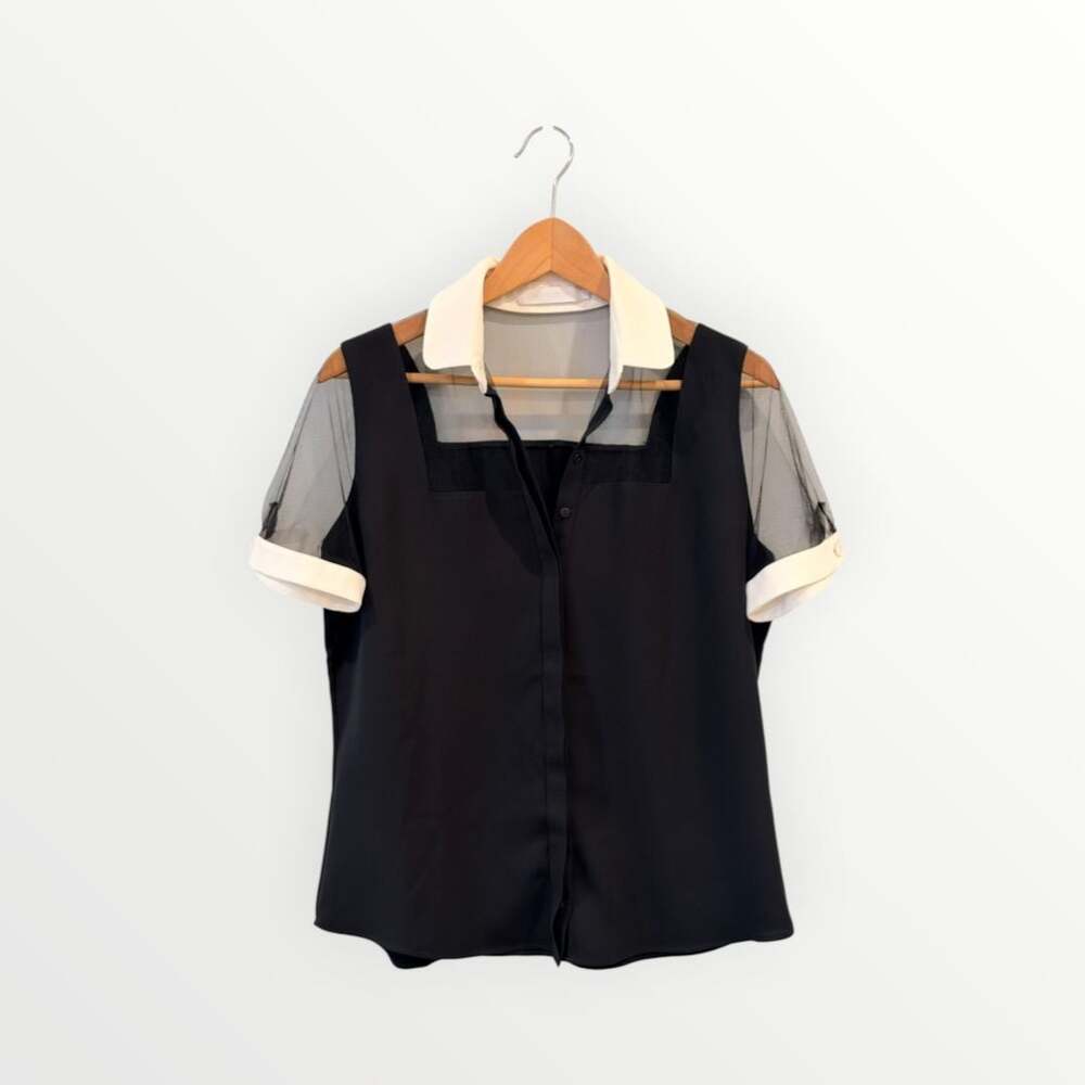Anne Fontaine Mesh Blouse Size 40 Black White Collar